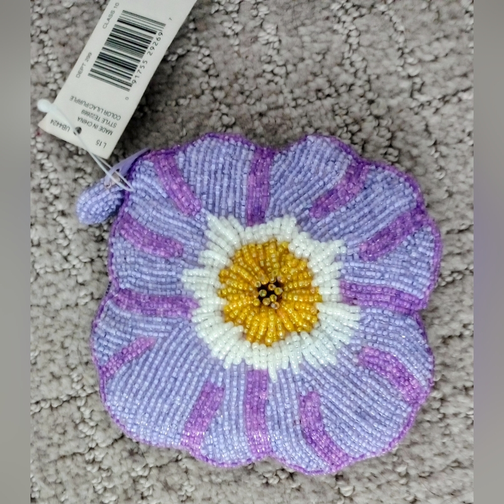 New With Tag Purple/White/Yellow Beaded Flower Coin Purse with Zipper 4"x4" - Picture 2 of 2